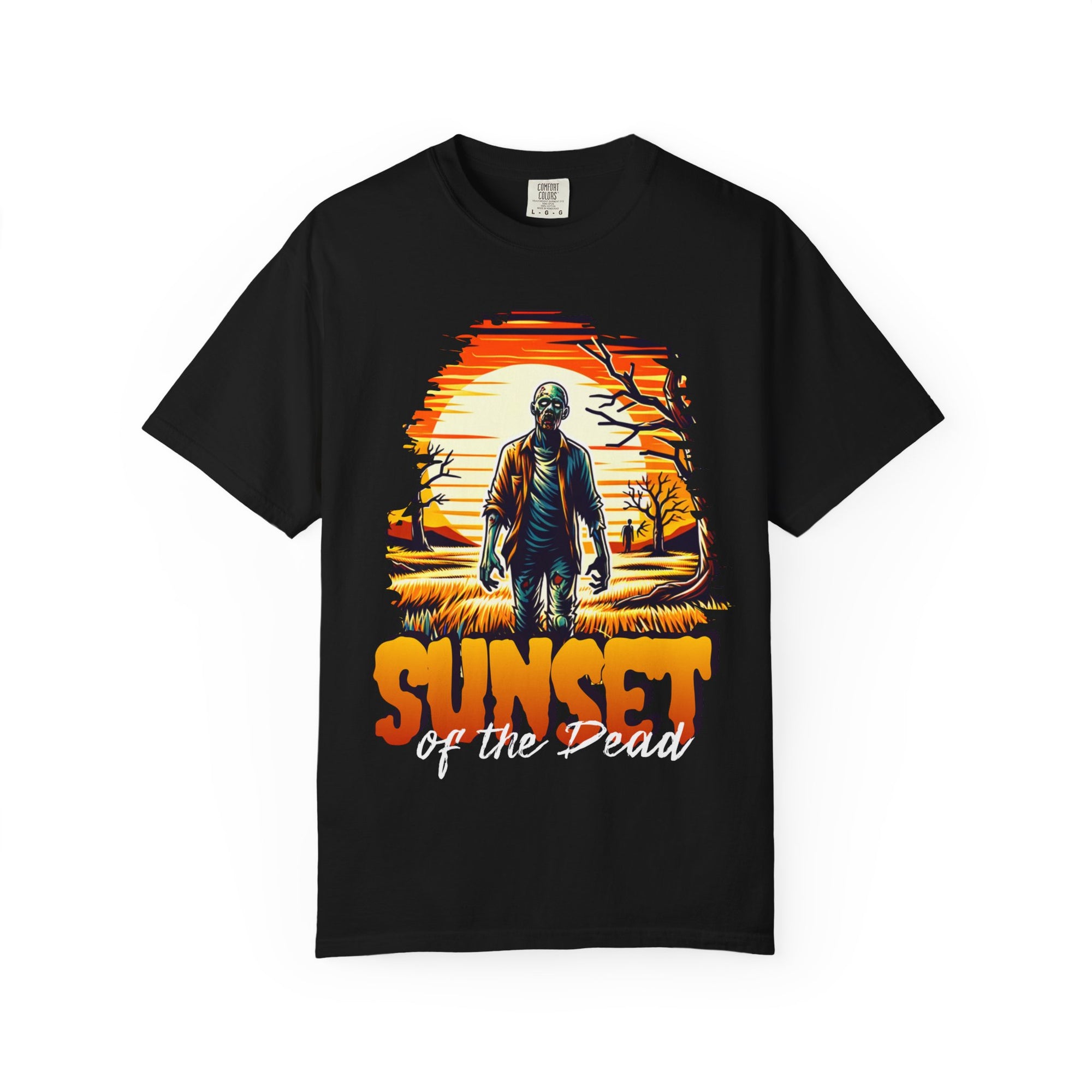 Sunset of the Dead Graphic T-shirt | Unisex Horror Tee for Halloween, Gift for Zombie Lovers, Casual Outfit, Spooky Vibes