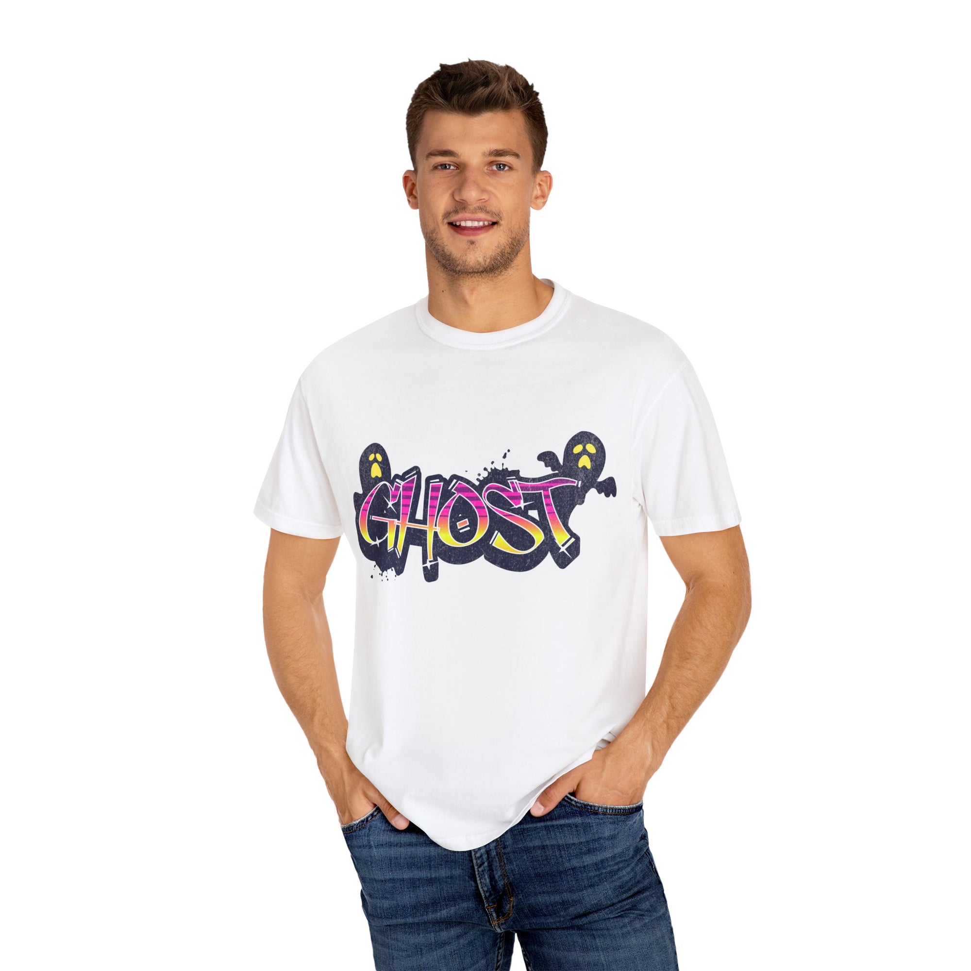 Ghostly Vibes Unisex Garment-Dyed T-Shirt for Halloween Fun, Casual Wear, Graphic Tee, Spooky Season Apparel, Perfect Gift for Ghost Lovers