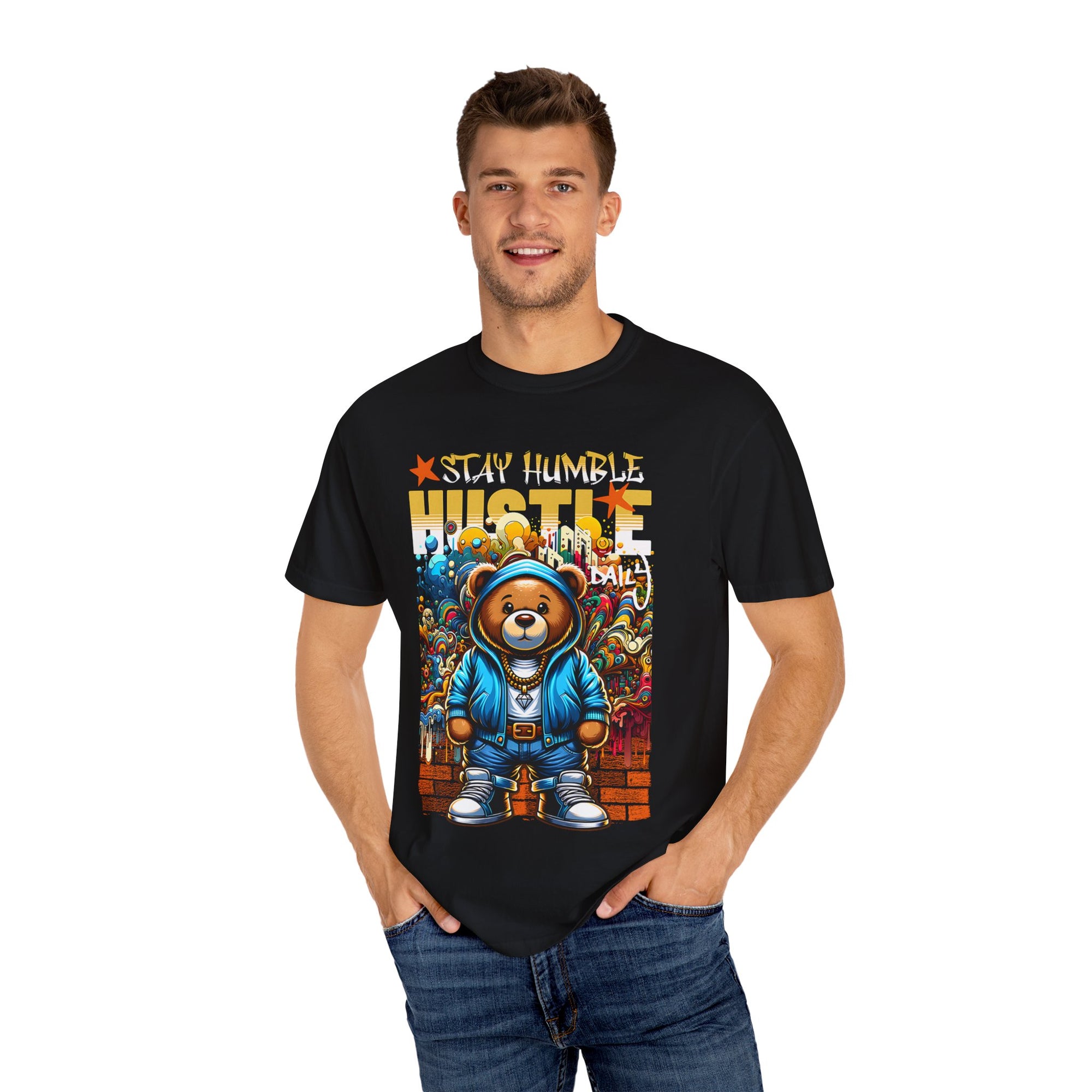 Stay Humble Hustle Bear T-Shirt Graphic Tee, Streetwear for Trendsetters, Gift for Creatives, Everyday Casual Wear