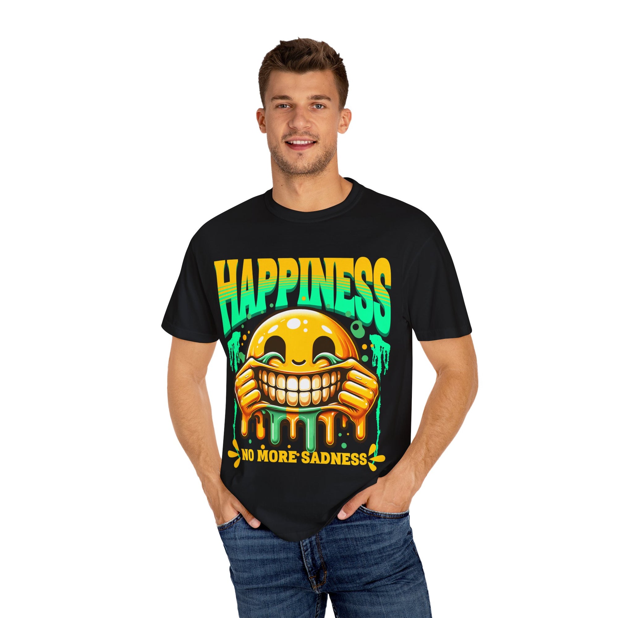 Happy Vibes Unisex T-shirt – No More Sadness, Funny Shirt, Gift for Friends, Casual Wear, Positive Message
