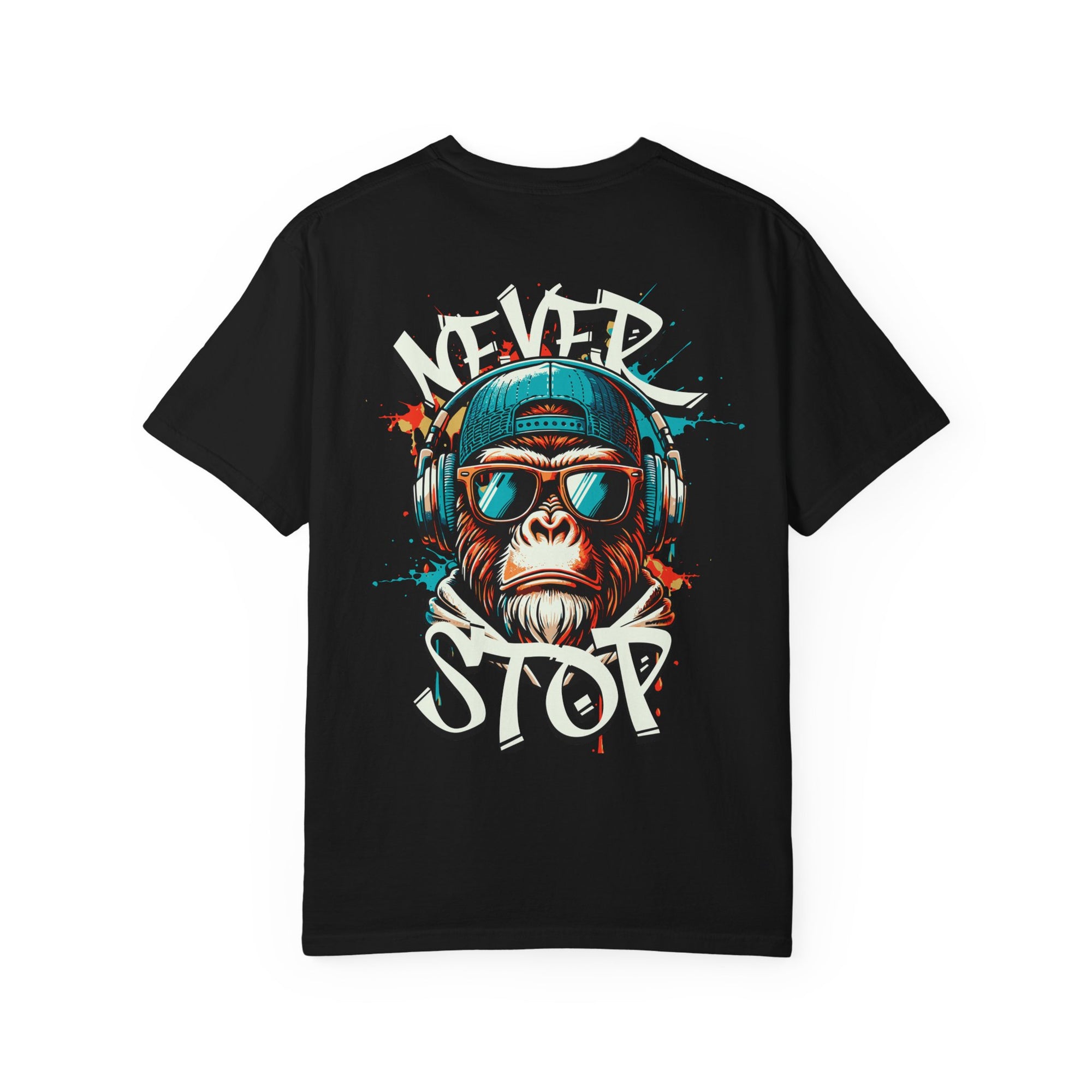 Cool Funky Gorilla T-shirt - Never Stop, Unisex Graphic Tee, Perfect for Music Lovers, Gift for Friends, Streetwear Style