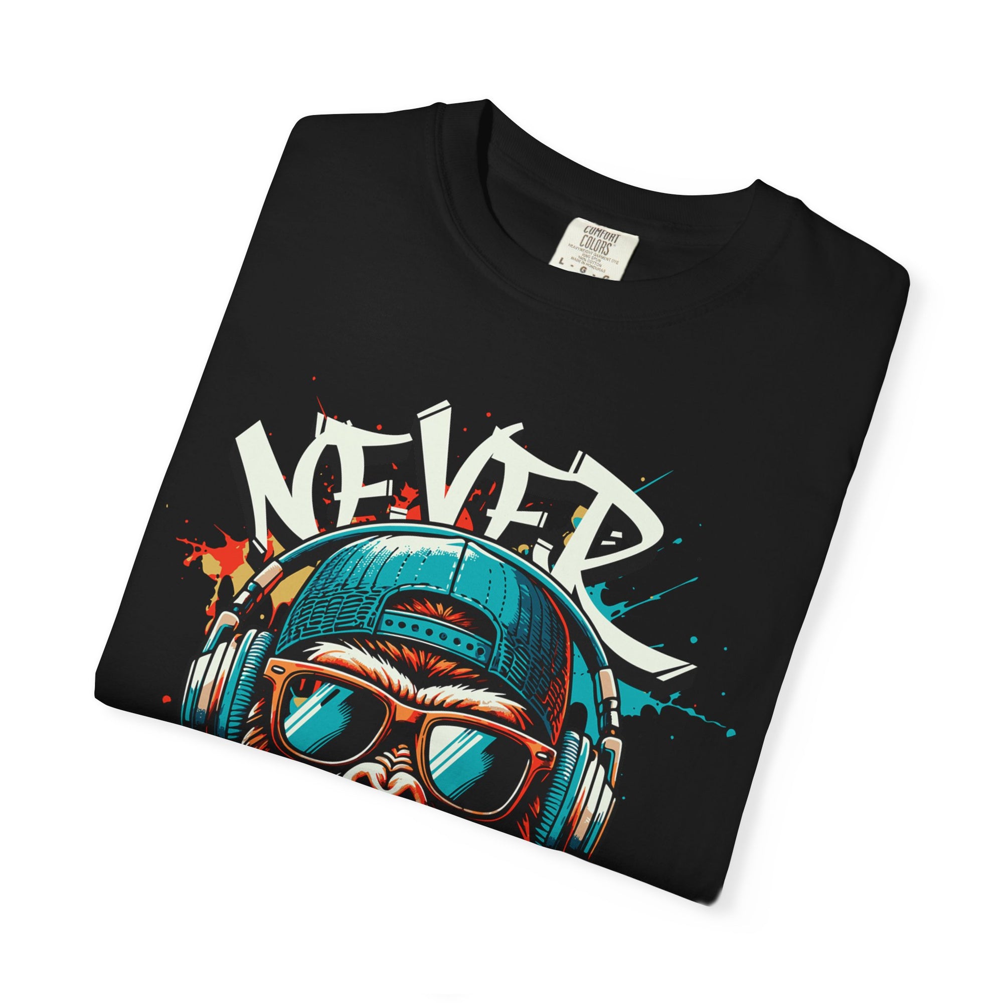 Cool Graphic T-Shirt, Hipster Monkey Tee, Never Stop Shirt, Unisex Casual Wear, Gift for Music Lovers