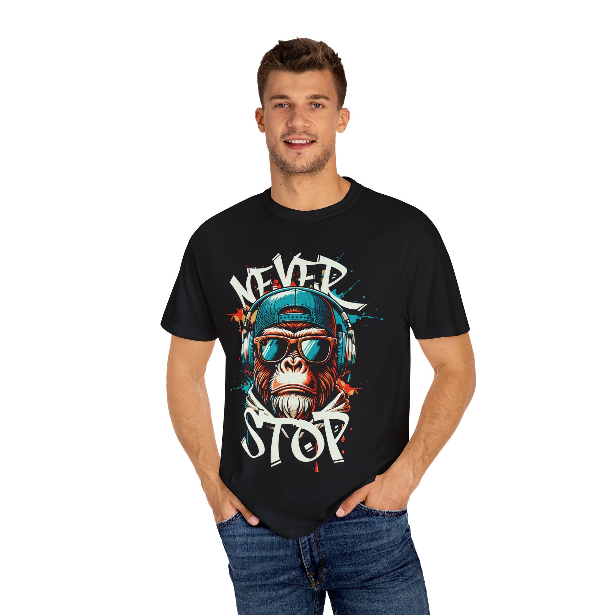Cool Graphic T-Shirt, Hipster Monkey Tee, Never Stop Shirt, Unisex Casual Wear, Gift for Music Lovers