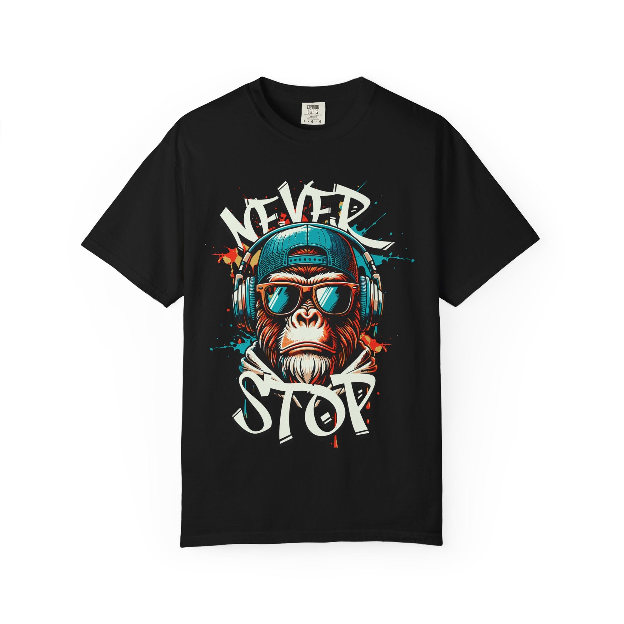 Cool Graphic T-Shirt, Hipster Monkey Tee, Never Stop Shirt, Unisex Casual Wear, Gift for Music Lovers