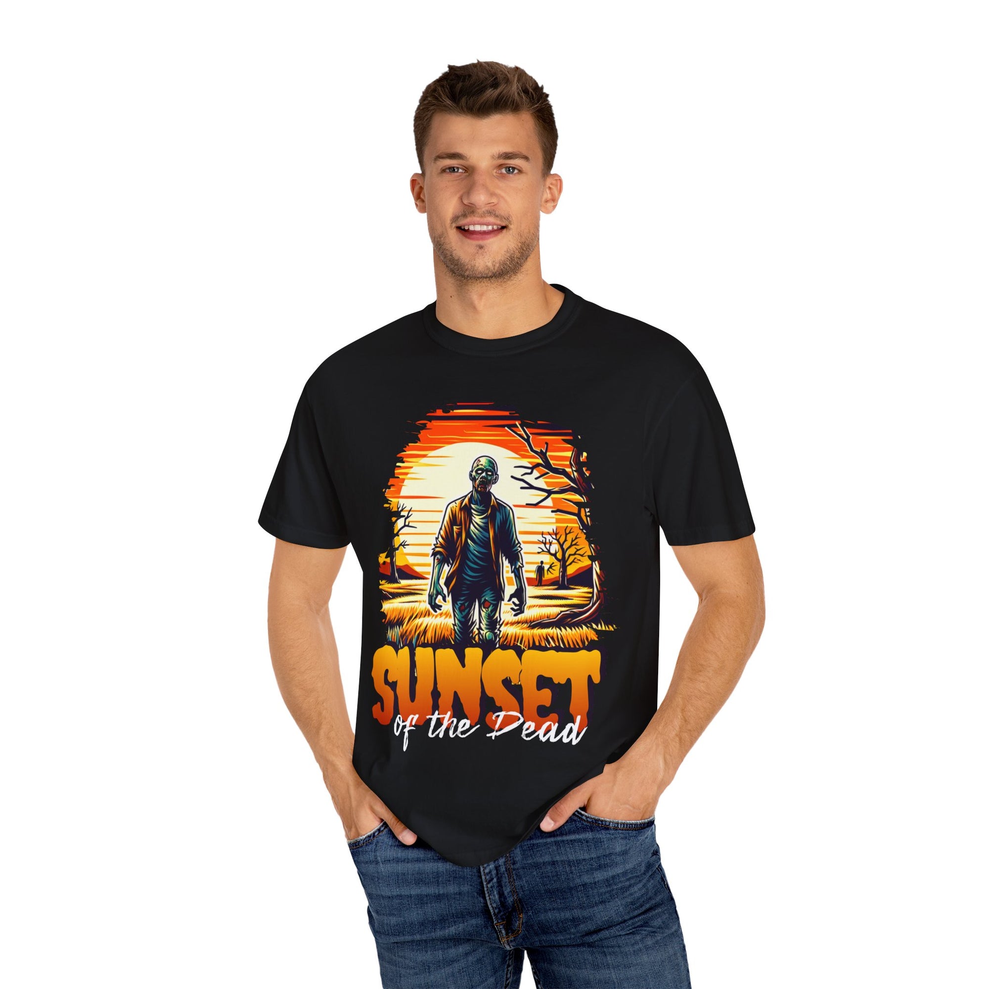 Sunset of the Dead Graphic T-shirt | Unisex Horror Tee for Halloween, Gift for Zombie Lovers, Casual Outfit, Spooky Vibes