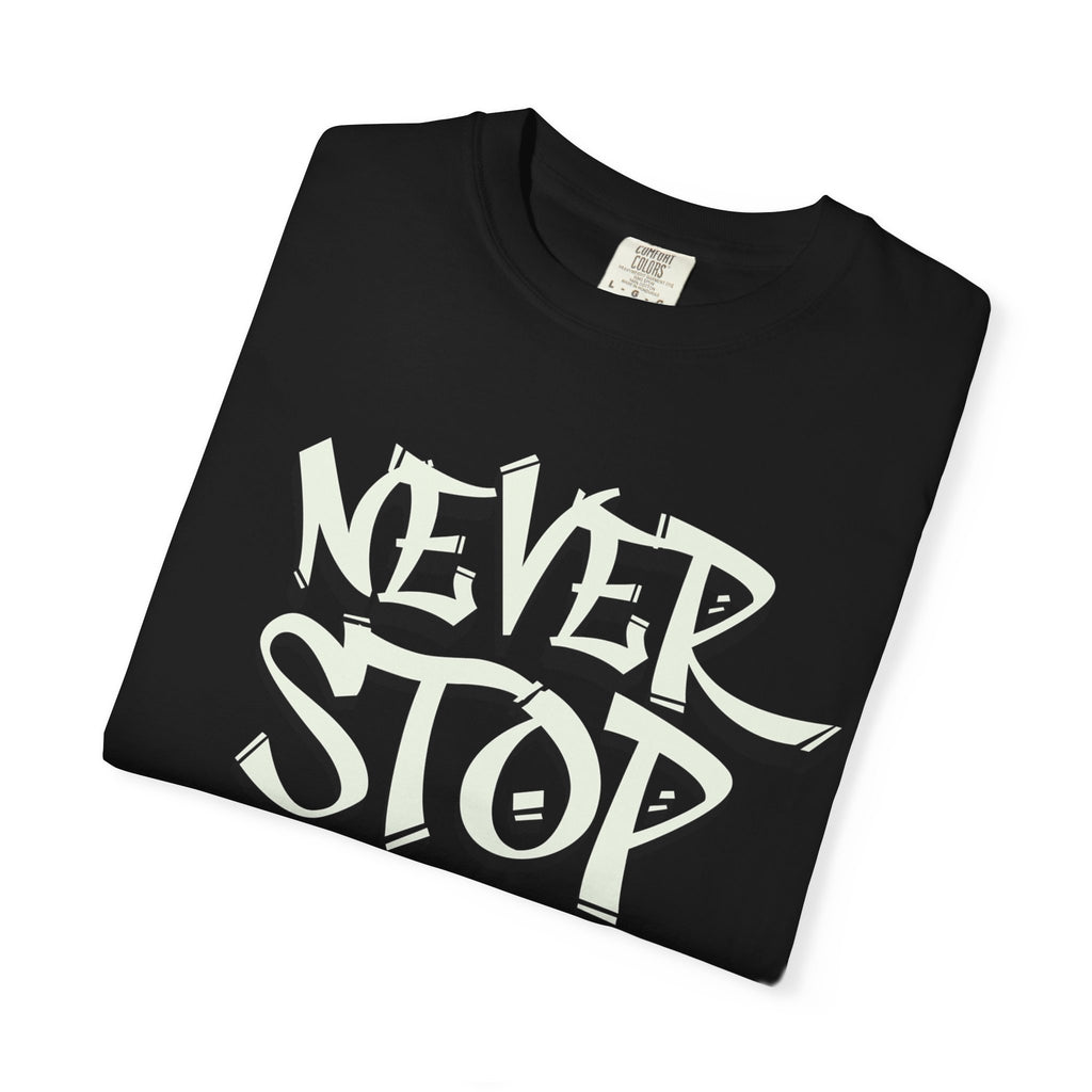 Cool Funky Gorilla T-shirt - Never Stop, Unisex Graphic Tee, Perfect for Music Lovers, Gift for Friends, Streetwear Style