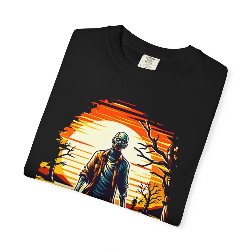 Sunset of the Dead Graphic T-shirt | Unisex Horror Tee for Halloween, Gift for Zombie Lovers, Casual Outfit, Spooky Vibes